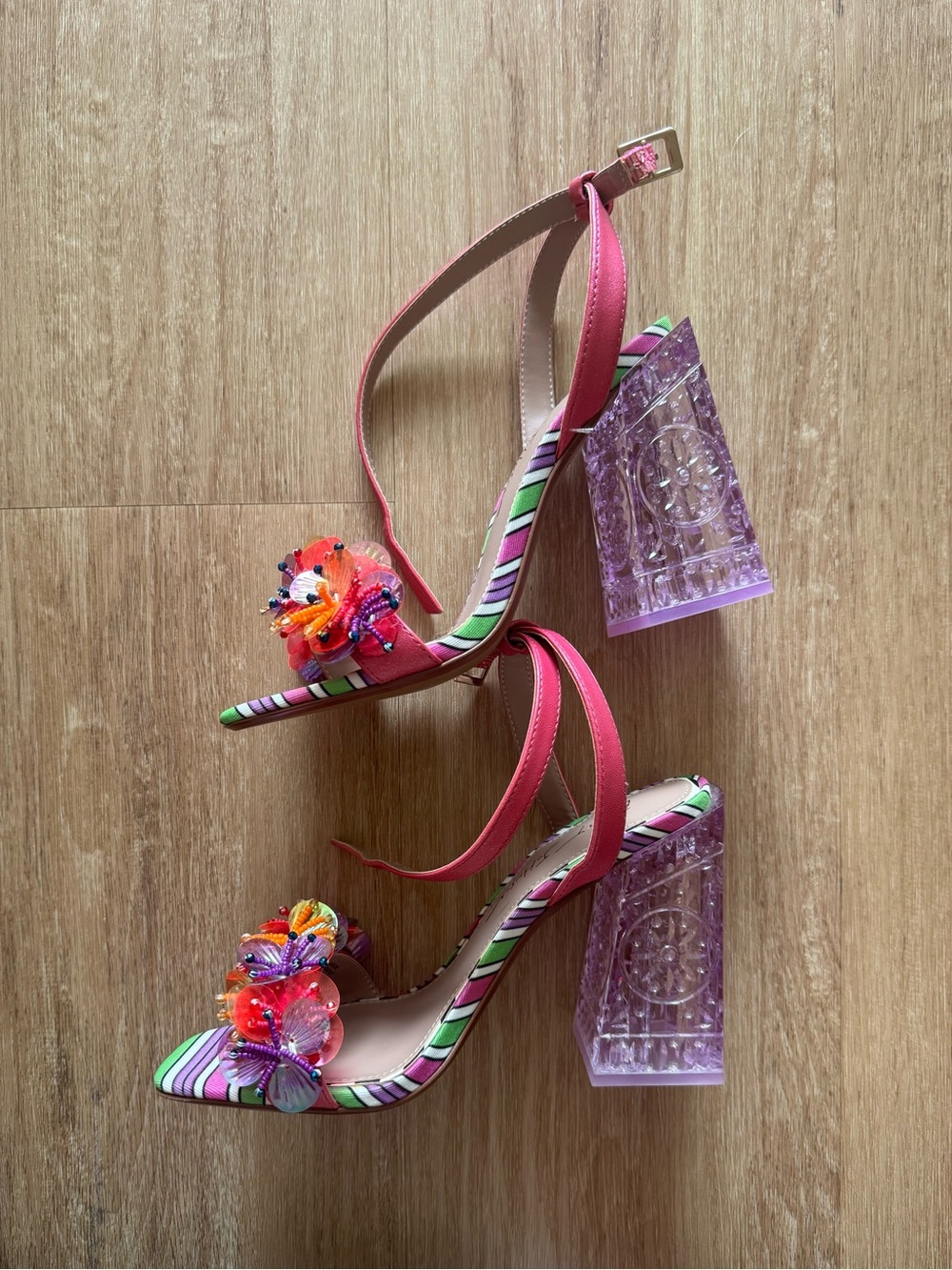 Betsey Johnson Pink Striped Floral Beaded Block Heel Sandals - Picture 4 of 6